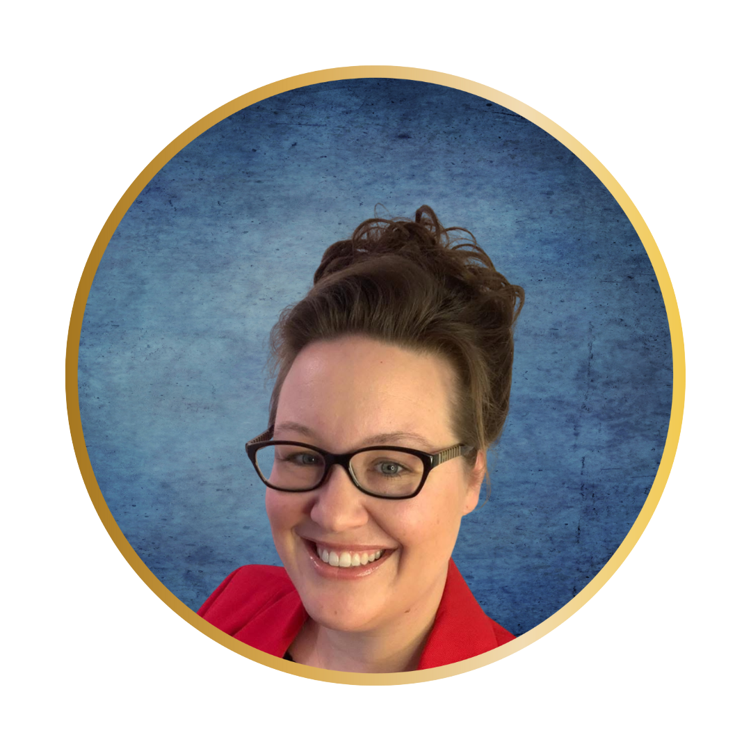 Confident woman in red jacket with glasses, smiling warmly against a calming blue background.